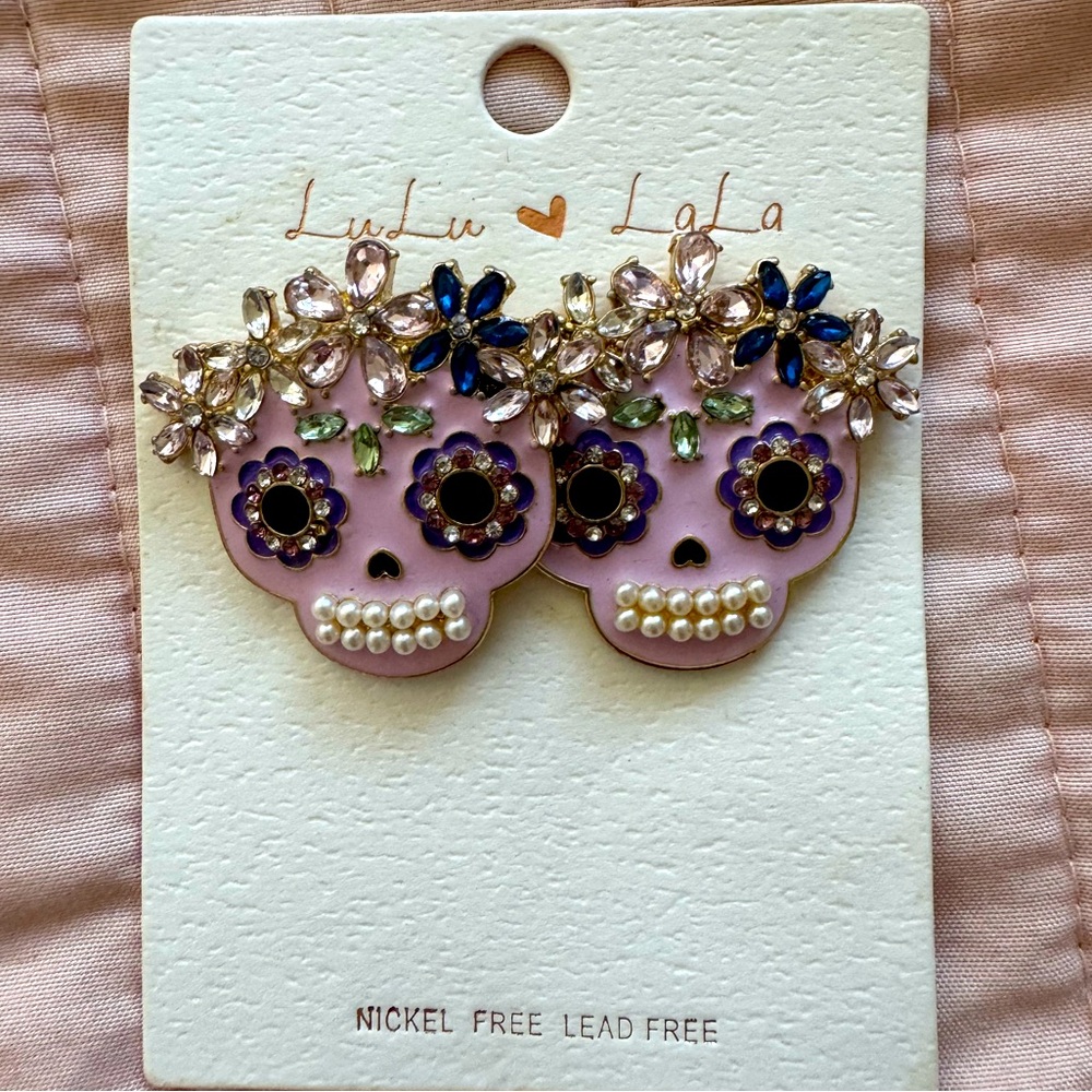 Lulu & Lala Purple Embellished Skull Earrings - NWOT